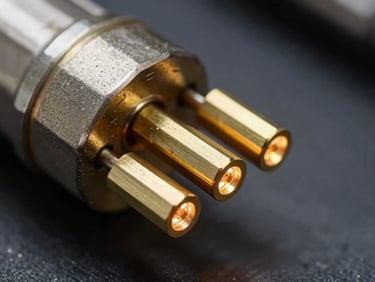 Macro close-up of a brass band heater, glowing electrical terminals, dark industrial background, high-contrast metallic textures, shallow depth of field