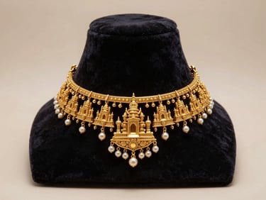 A magnificent 22k gold bridal choker set with intricate temple jewelry motifs on a dark velvet cushion, soft dramatic spotlight