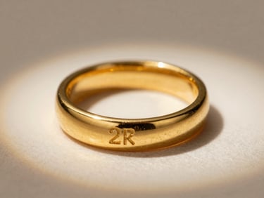 Macro close-up of a laser-etched hallmark on the inner band of a 22k gold ring, soft showroom spotlight catching the metallic gleam