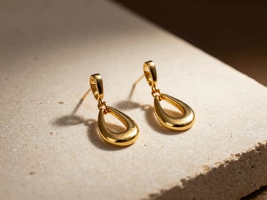 A pair of modern 22k gold drop earrings resting on a clean cream stone surface, warm side lighting