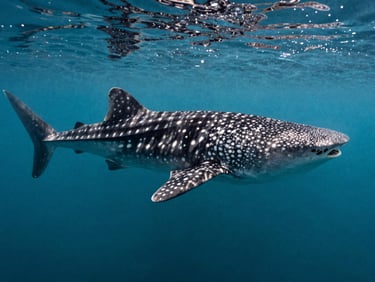 A giant whale shark swimming gracefully near the surface of the turquoise ocean, sun rays reflecting on its patterned back.