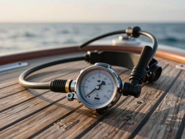Close-up of professional diving equipment, a regulator and depth gauge resting on a sun-bleached wooden boat deck, soft golden hour lighting, ocean background.