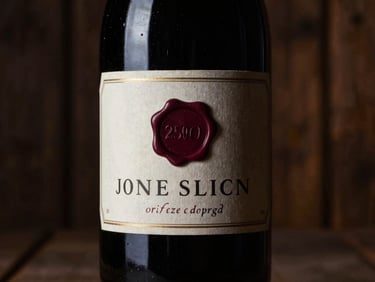 Close-up of a vintage wine bottle label with a wax seal, dramatic chiaroscuro lighting, deep shadows, dark wooden cellar background