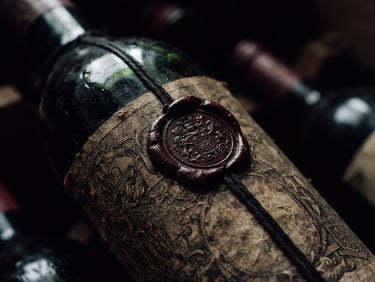 Close-up of a rare vintage wine bottle label with a textured wax seal, dramatic chiaroscuro lighting, deep shadows, 35mm, dark moody editorial photography