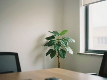 A quiet modern office space with a single green plant, soft natural light coming from a side window, peaceful clean composition