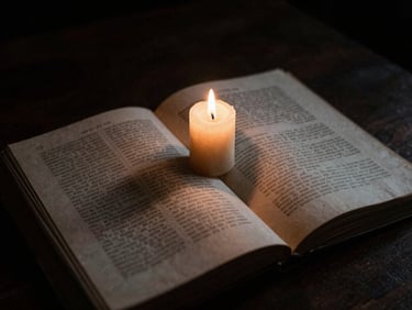 A single lit candle casting long dramatic shadows across an open ancient book with marginal notes, dark moody photography, muted charcoal tones