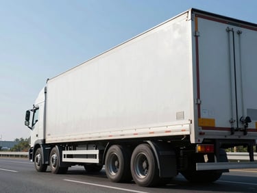 Low-angle shot of a clean freight truck on an open highway under crisp morning daylight, cool blue tones