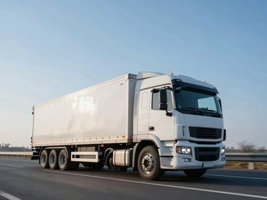 Low-angle powerful perspective of a clean freight truck driving on an open highway under crisp morning daylight, cool blue tones
