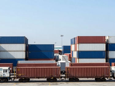 Wide environmental shot of container stacks and a freight train at a modern intermodal terminal, sharp daylight