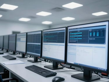 Close-up of a high-tech distribution center dispatch office with digital tracking screens, cool-toned industrial lighting