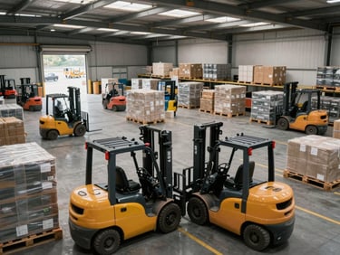 Overhead long-lens shot of a busy logistics distribution centre, forklifts and palletised goods in motion on a loading dock, natural overcast light through roof skylights