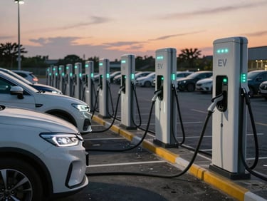 Row of EV charging stations in an open carpark at dusk, charging cables connected to vehicles, status indicator lights glowing teal, long-lens compression showing depth of the charging yard