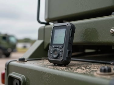 Close-up of a ruggedised GPS tracker mounted on a heavy fleet vehicle chassis, field dust visible on the casing, overcast natural light, logistics yard visible in the background