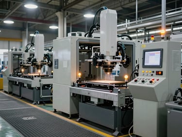 Wide shot of an active factory floor with automated machinery running, amber indicator lights on control panels, industrial ceiling lighting, steel grating in foreground