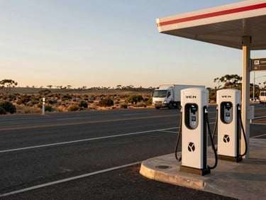 Long-lens shot of a semi-urban highway rest stop with two EV chargers installed beside the road, scrubby Australian landscape stretching to the horizon under golden-hour light, a truck approaching in the distance, infrastructure isolated and operational in a remote setting