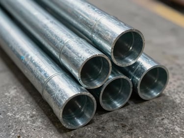 Extreme close-up overhead shot of electrical conduit bundles — EMT and rigid steel conduit in cross-section, galvanized surface texture visible, warehouse concrete floor beneath, diffused overhead fluorescent light, no human presence