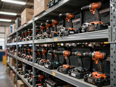 Wide inventory shot of power tools stacked in original manufacturer cases on metal shelving inside a warehouse, overhead fluorescent lighting, drills and grinders visible with spec labels facing forward, no human presence, depth of shelving visible