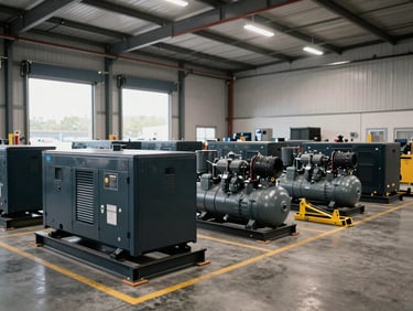 Wide warehouse floor shot showing heavy industrial equipment — generators, compressors, and hydraulic jacks stored in organized rows, warehouse overhead lighting with loading dock daylight on far wall, scale markers on floor, no human presence