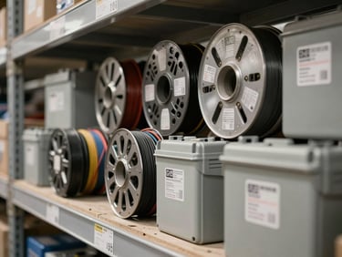 Close-up shot of organized electrical conduit bundles, wire reels, and junction boxes on warehouse shelving, product labels and gauge markings visible, diffused industrial overhead lighting, no human presence