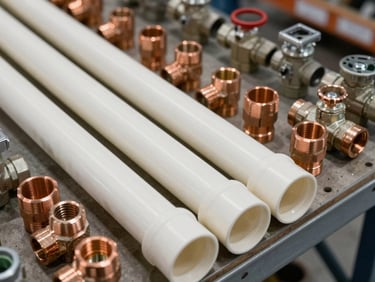 Overhead shot of PVC pipe sections, copper fittings, and valve assemblies arranged on warehouse shelving, size markings visible on pipe ends, diffused warehouse lighting, no human presence