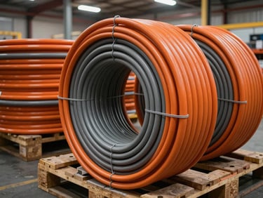 Close-up overhead shot of electrical conduit coils and cable reels stacked on a warehouse pallet under industrial overhead lighting, orange and gray conduit colors visible, no human presence