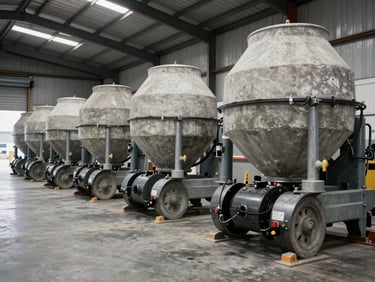 Wide warehouse shot of heavy industrial equipment — concrete mixers and compactors — parked in an organized row on a concrete floor under high-bay warehouse lighting, no human presence, loading dock visible in background
