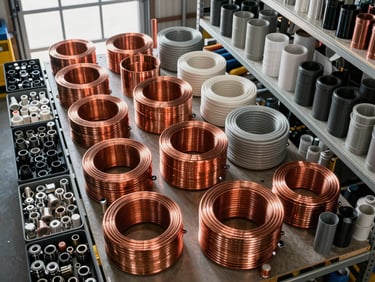Overhead cataloging shot of copper, CPVC, and PEX pipe coils arranged in organized rows on warehouse shelving, fittings grouped in labeled bins beside them, diffused daylight from loading dock, no human presence