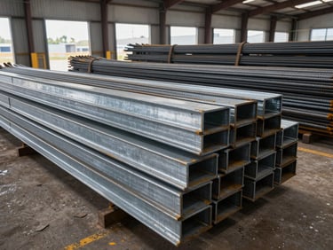 Wide shot of stacked structural steel rebar bundles and I-beam sections in a supply yard, galvanized surface texture visible, diffused daylight from loading dock bays, overhead perspective showing depth of stock, no human presence
