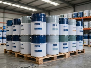 Wide shot of industrial paint drums and epoxy coating pails stacked on warehouse pallet racking, product labels facing forward, concrete floor with faint spill marks, overhead fluorescent wash, no human presence