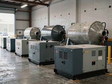 Wide warehouse shot of heavy industrial equipment — compactors, concrete mixers, and generator units — parked in organized rows on a concrete floor, scale markers on the wall behind them, diffused loading dock daylight, no human presence