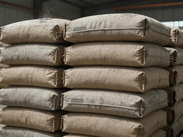 Extreme close-up overhead shot of stacked 50kg cement bags in a warehouse, dust visible on the surface, rough kraft paper texture under diffused industrial overhead lighting, no human presence