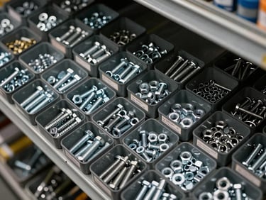 Overhead cataloging shot of organized hardware bins containing bolts, nuts, and fasteners arranged by size on a steel shelf under warehouse overhead lighting, no human presence, spec labels visible on bin edges