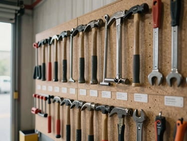 Close-up wide shot of organized hand tool storage wall — hammers, pry bars, chisels, and wrenches hung on pegboard inside a warehouse, diffused daylight from loading dock, tools labeled with spec tags, no human presence