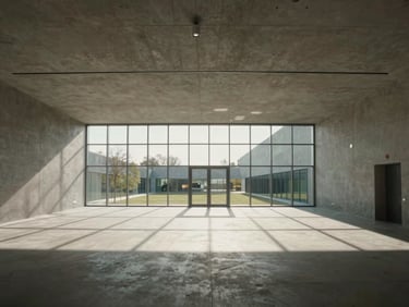 Wide architectural shot of a minimalist concrete and glass conference hall in Madrid, soft natural morning light casting long geometric shadows, off-center perspective.