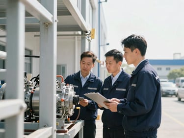 Professional team member in corporate-casual attire inspecting a mechanical system in a commercial building, sharp focus, bright morning daylight.