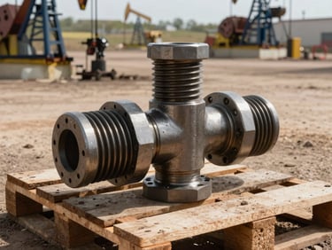 A heavy-duty downhole tool joint sitting on a wooden pallet inside a gritty oilfield workshop, natural side daylight highlighting the steel threads