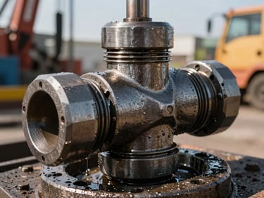 Gritty, high-contrast close-up of a heavy-duty tool joint on a rig floor, industrial daylight highlighting metal texture and grease