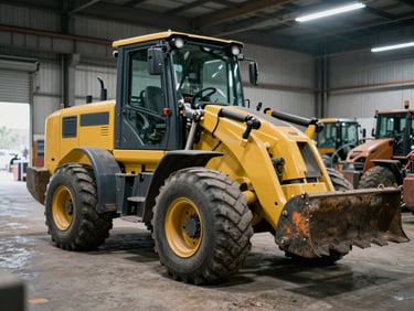 Clean used compact agricultural loader machine, yellow color, parked inside workshop