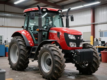 Clean used red tractor parked in a well-lit workshop bay, front angle, sharp industrial focus