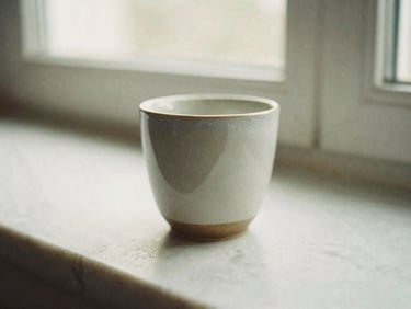 Close-up of a beautifully styled ceramic cup on a marble counter, soft morning light, warm tones, 35mm film look.