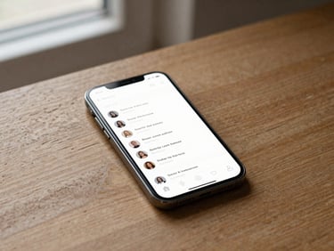 Clean minimalist mockup of a social media feed on a sleek mobile screen resting on a wooden table.