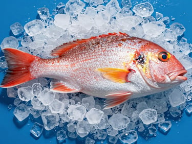 Crisp overhead shot of a whole red snapper on a bed of ice, glistening clear eyes, studio lighting