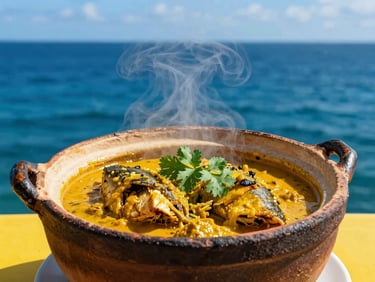 Traditional Mauritian fish curry served in a rustic clay pot, steam rising, fresh coriander garnish
