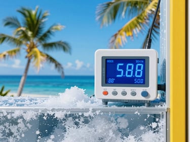 A modern digital temperature monitor inside a pristine cold-storage facility, glowing blue numbers, frosty air