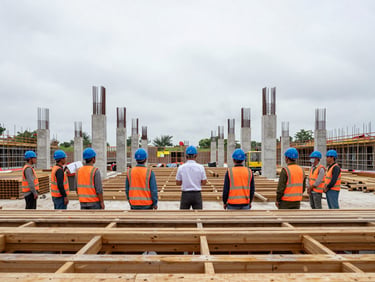 Wide-angle photograph of an active construction site in Vietnam, workers in branded blue safety helmets and orange vests standing during a ground-breaking ceremony, overcast daylight, structural concrete pillars in the background