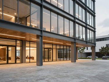 Warm architectural interior lighting of a modern office building lobby, completed construction handover, polished concrete floors, steel columns, large glass facade