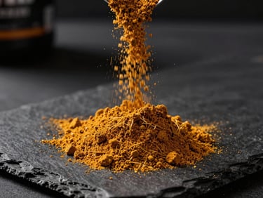 Macro shot of raw orange pre-workout powder cascading onto a dark slate surface, dramatic single-source gold rim lighting, high-contrast studio setup