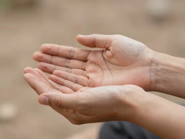 Close-up of hands gently cupped, depicting a mindful breathing exercise, soft natural daylight, warm earth tones, shallow depth of field.