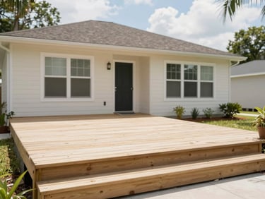 Clean suburban home exterior in Lakeland, FL, freshly repaired deck, bright natural daylight, warm clean tones, professional shallow depth of field