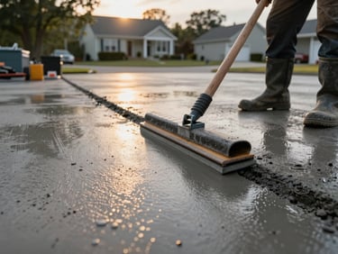 Fresh concrete driveway edge being finished with a float tool, late afternoon golden light catching the wet surface sheen, crew boots and tools visible at the edge, suburban Massachusetts property in the background